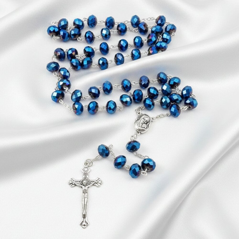 Deep Blue Metallic Crystal Rosary Necklace Jesus Cross Religious Jewelry NWOT